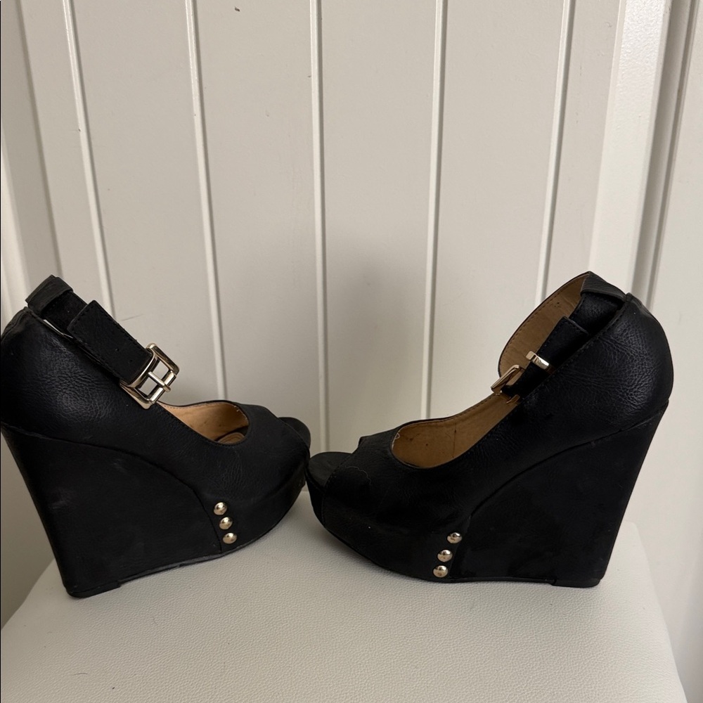 Black Wedge Peep-Toe Mary Jane Heels
